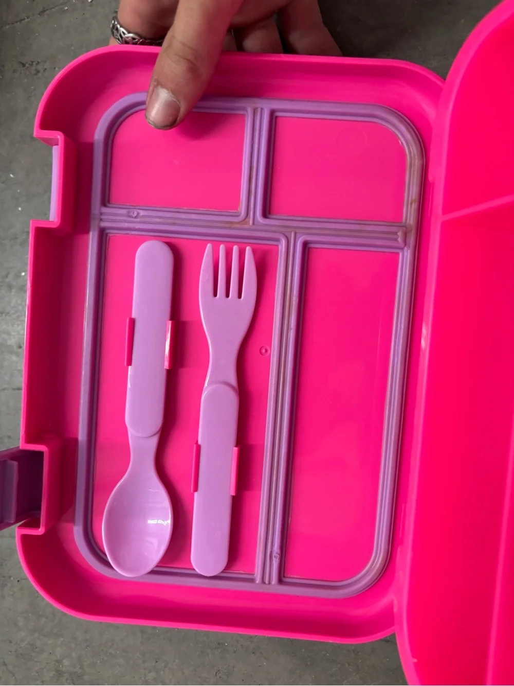 Pink Purple Plastic Bento Box 4 Compartments Snap Lid Handle w/ Fork Spoon